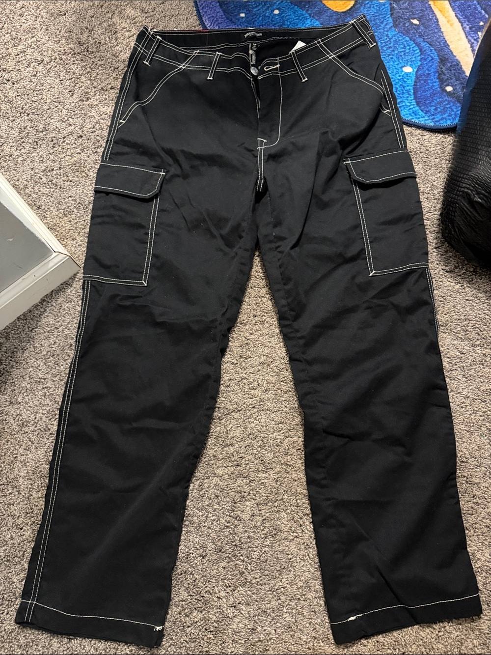 True Religion Black Cargo Pants with White Contrast Stitching